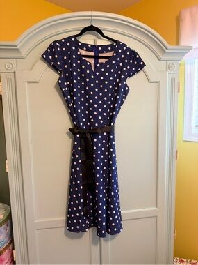 Navy Polka Dot Cap Sleeve Dress with Black Waist Tie